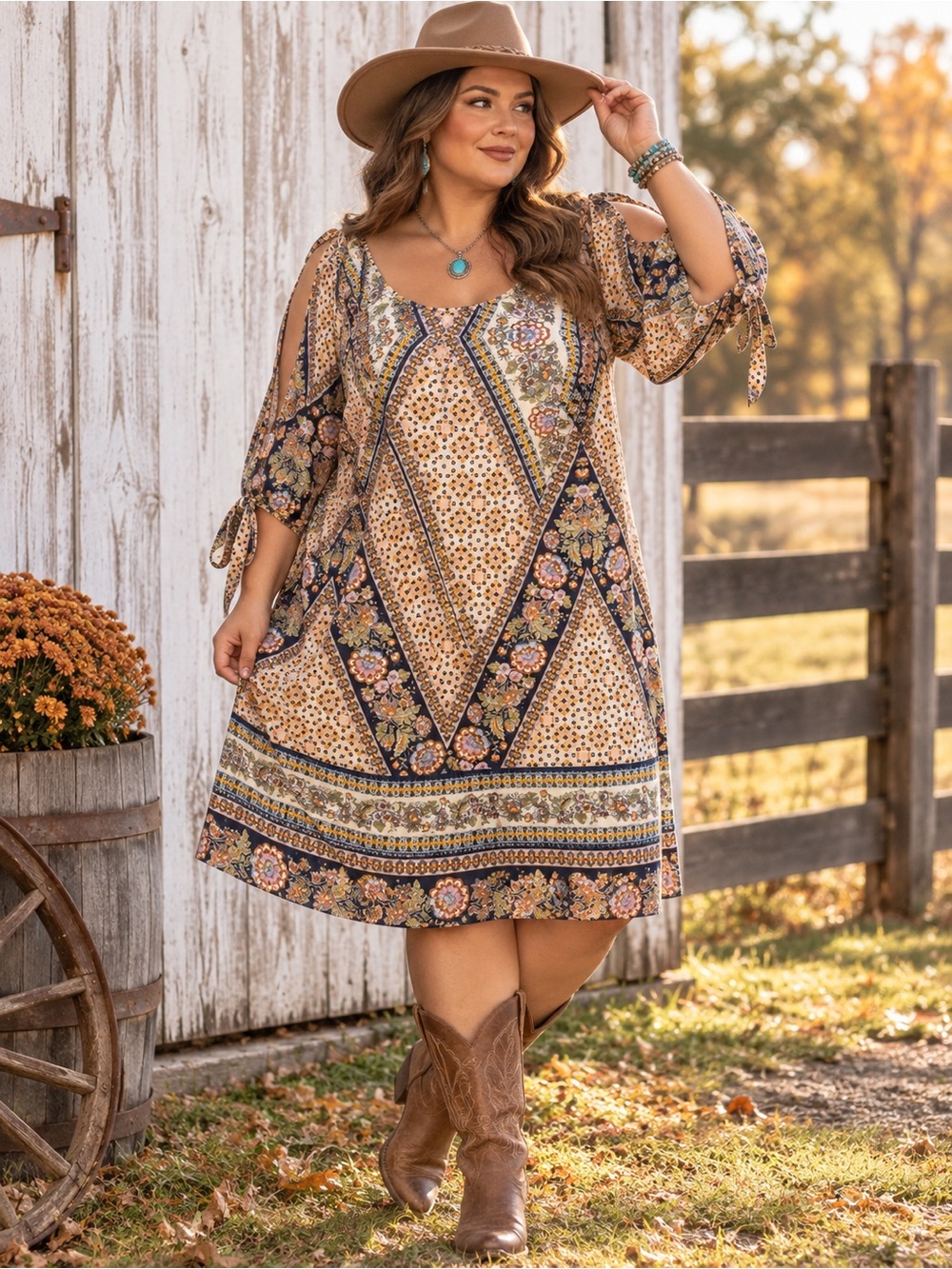 Bebop Plus Size 2X Boho Patchwork Floral Dress Tie Shoulder Western Bohemian